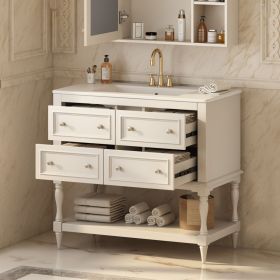 36" Bathroom Vanity Cabinet with Sink Combo Set, Undermount Ceramic Sink, Free Standing Vanity Set with 4 Drawers, Solid Wood Frame Bathroom Cabi (Color: as Pic)